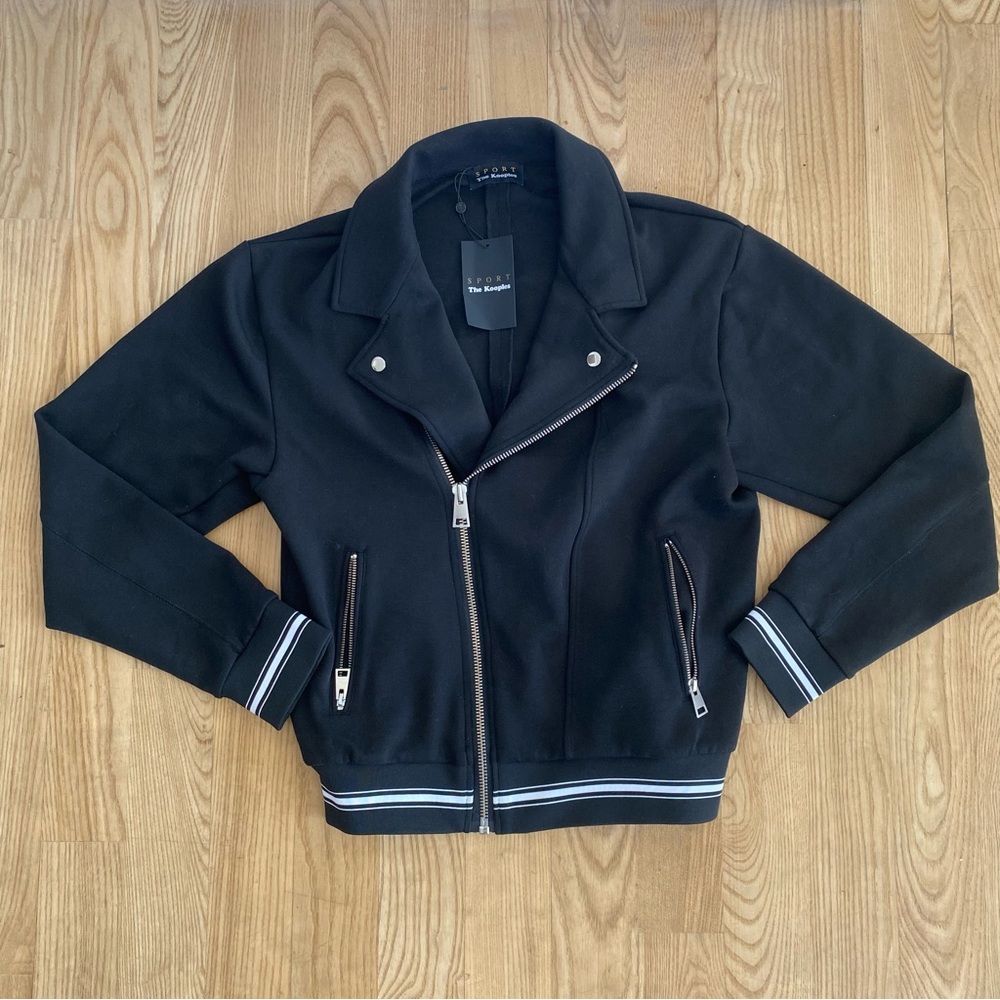 The Kooples Fleece Knit Moto Motorcycle Jacket Coat French Paris Stripe Grunge